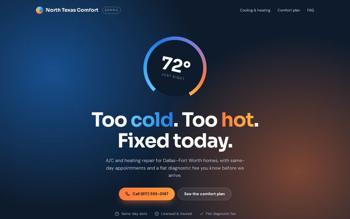 Screenshot of the North Texas Comfort sample website